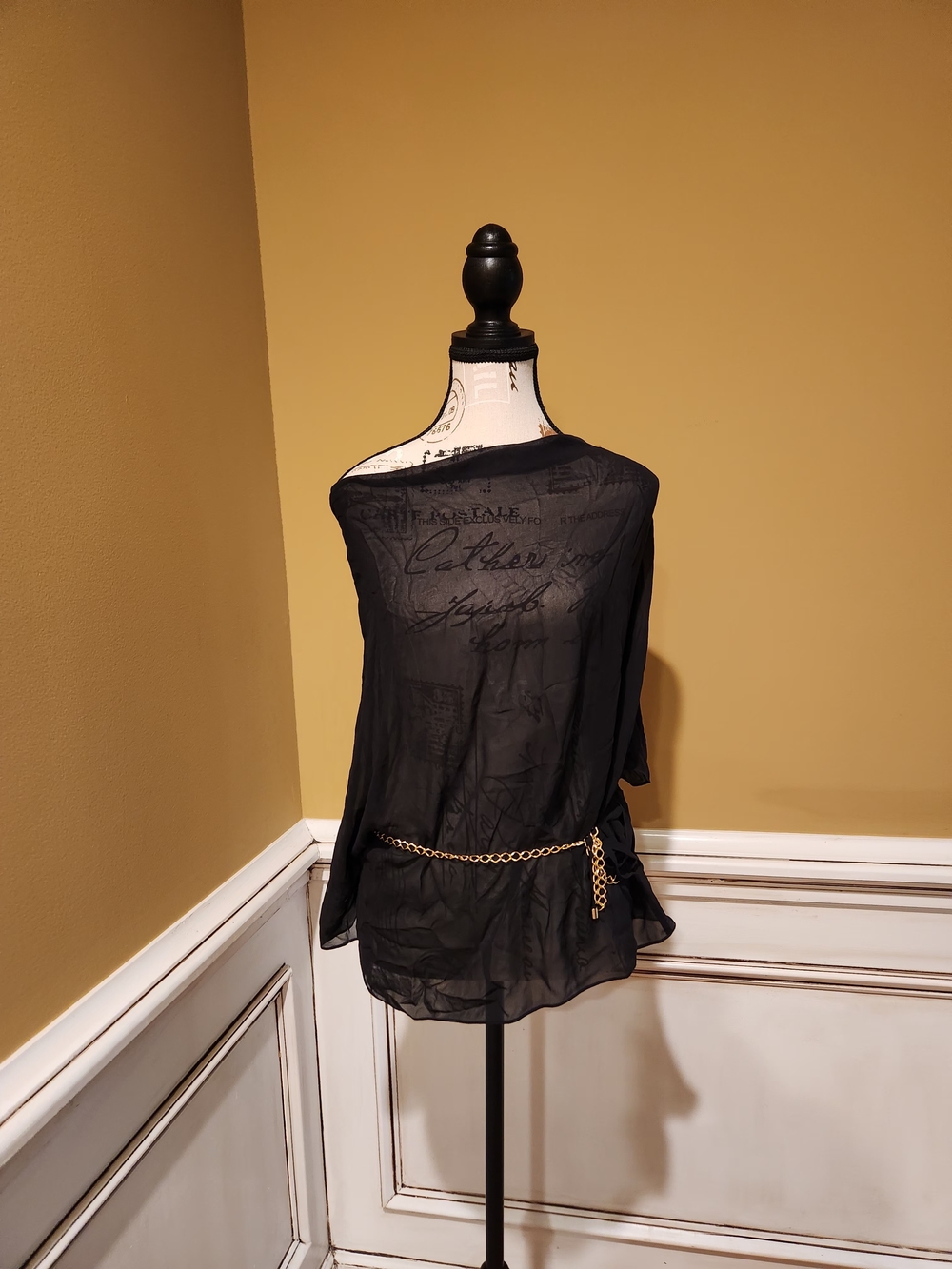Black Sheer Off-Shoulder Women's Blouse with Gold Chain Accent